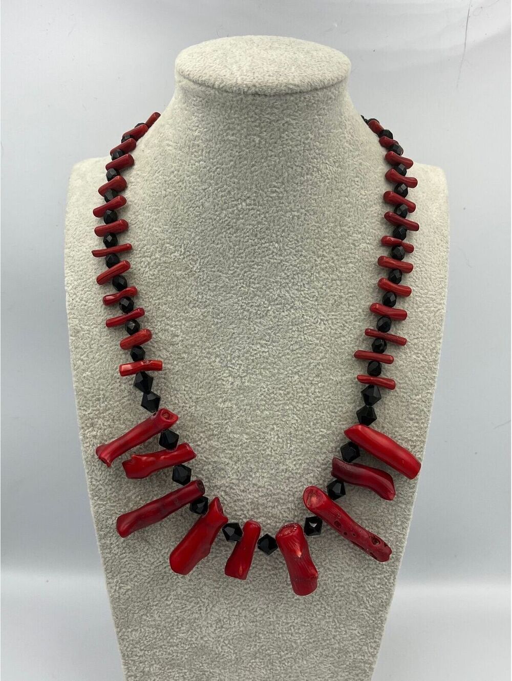 Natural Red Branch Coral & Black Glass Statement Necklace, 20”